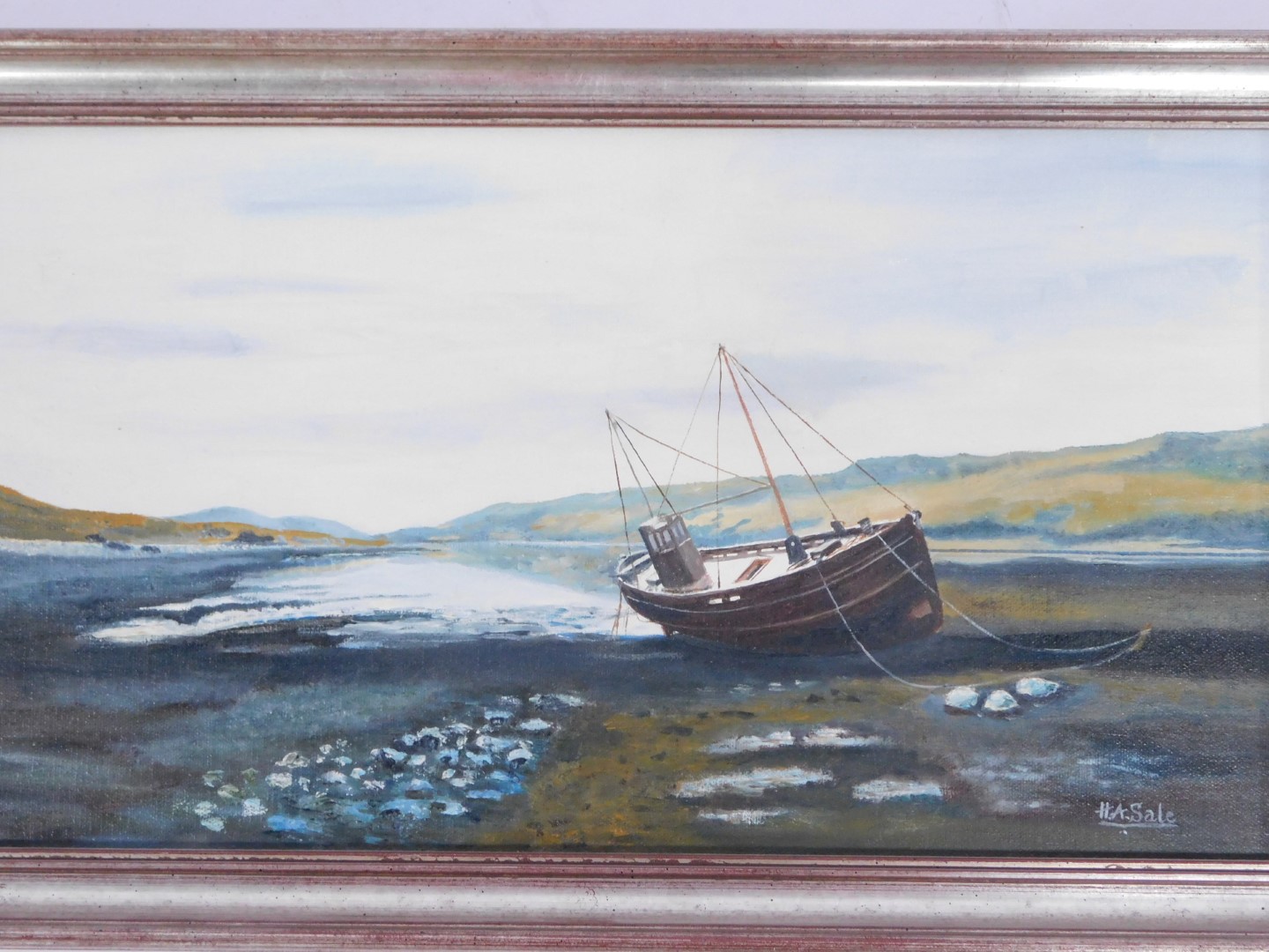 H A Sale (20thC School). Boat moored, oil on canvas, signed, 24cm x 43cm, and a shipping print, 17cm - Image 2 of 4