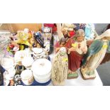 Various ceramics and effects, teapot, bells, crested china, religious icon figures, etc. (1 tray