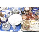 A dressing table set, blue and white jug, Gaudy Welsh teapot, pewter teapot, serving plate, gravy