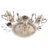 Various silver plated ware, tray, part tea service, to include teapot, 12cm high, etc. (a quantity)