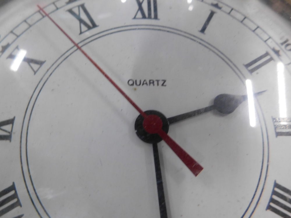 A ship's style clock, with brass front, 20cm diameter, two others, box with anchor emblem, reproduct - Image 3 of 3