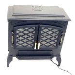 An electric mock wood burning stove, with double glazed front doors, in black iron casing, 71cm high