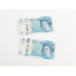 A Winston Churchill five pound note, AA224093387, and another AL35624753. (2)