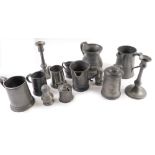 Various 19thC pewter to include lidded tankard with domed top, partially initialled, 17cm high, mugs