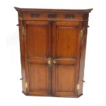 An early 19thC oak hanging corner cabinet, the top with a dental cornice with two panelled doors wit