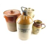 Various stoneware, a churn, Gaymer Cider two coloured stoneware vessel with metal mounts, 46cm high,