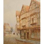 •Arthur Bell (1897-1995). Street scene, Tudor houses, figures in horse and cart, watercolour, signed