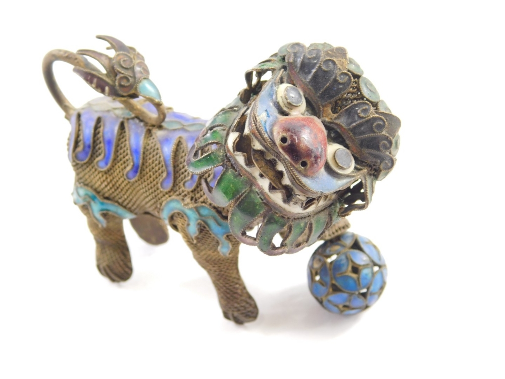 A cloisonne and mesh work articulated Chinese figure of a temple dog, with front foot on orb, decora - Image 3 of 3