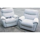 Two armchairs, upholstered in beige patterned fabric with grey piping, one electric rise and fall.