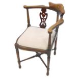 An Edwardian mahogany boxwood strung and marquetry corner chair, with pierced splats, turned legs an