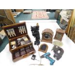 Various items, part canteen of cutlery, domed top walnut cased part clock, with later movement, 26cm