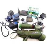 Various cameras and associated equipment, a boxed camera, binoculars, an OPTLYTH cased lens, others