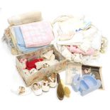 Various linen, partially worked, children's dresses, Christening box containing various children's s