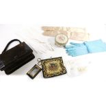 An evening bag, various kid gloves, purse, powder box 11cm diameter. (a quantity)