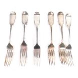 A set of four George IV table forks, fiddle pattern, another silver fork and a plated fork, various