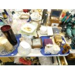 A quantity of ceramics, glass, African figures, two carriage type clocks, barometer, etc.