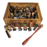 Antique and vintage Black Forest and Swiss figures variously modelled, in a Watsons soap crate.