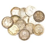 A group of Victorian and later silver shillings, dates to include 1872, 1877, 1900, 70g.