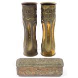 A pair of brass trench art shell case vases, 29cm high, together with a late 19thC Continental coppe