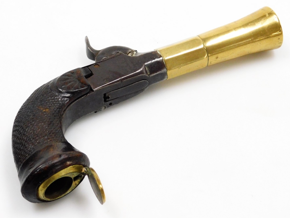 A 19thC travelling pistol, with percussion box lock, brass bell mouth, and brass patch pocket with h - Bild 3 aus 3