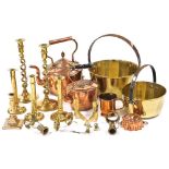 A group of brass and copper ware, to include a copper kettle, 30cm high, pair of brass candlesticks
