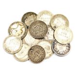 A group of pre decimal silver and other coinage, to include sixpences, 1915 fourpence, drilled, a Ge