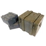A military ammunition box, 43cm high, 50cm wide, 45cm deep, and a further smaller box. (2)