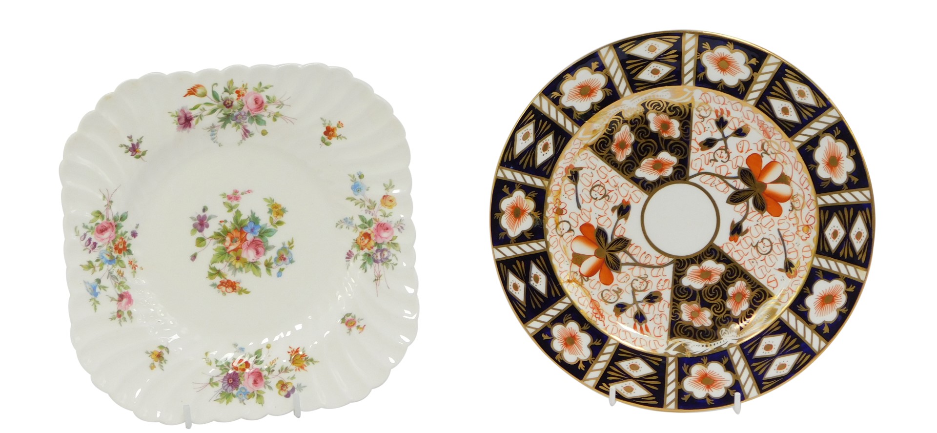 A Royal Crown Derby Imari pattern cabinet plate, 23cm diameter, (AF), and a Minton Marlow pattern ca