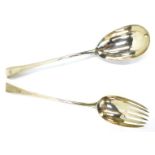 Victorian and later silver salad servers, comprising a serving fork and ladle, Fiddle pattern with b