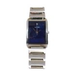 A Fossil wristwatch, with rectangular blue finish dial, set with tiny diamond, in stainless steel ca