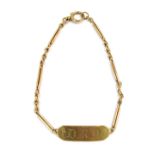 A 9ct gold identity bracelet, with an octagonal bar bearing the initials DRN and inscribed D R Newto