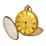 A continental fob watch, with Roman numeric outer dial and gold coloured dial with central floral cr