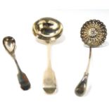 Three Georgian and later spoons, comprising a Georgian toddy ladle, hallmarks rubbed, a Victorian se