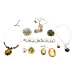 Costume jewellery, to include white metal coloured necklace and chain, two cameo brooches, stone set