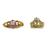 Two 9ct gold bar brooches, comprising a scroll design bar brooch set with central amethyst and two s