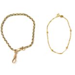 Two bracelets, comprising a 9ct gold ball bracelet, 16cm long, a watch chain, with clip clasp, 14cm