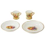 Two Royal Worcester pin dishes, each with fruit blossom centre, 10cm and 8cm diameter, a miniature l