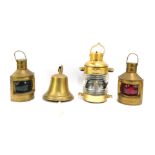 A group of brass ware, comprising a ship's bell, lantern, 29cm high, two others with green and red g