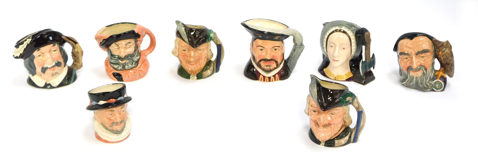 Eight Royal Doulton small character jugs, comprising Falstaff, Sancho Pancha, Robin Hood (x2), Beefe