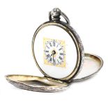 A late 19thC silver fob watch, the square set dial with white enamel back and gilt and blue detailin