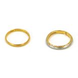 Two 22ct gold wedding bands, comprising one of plain design, size L, 1.4g, the other cut and outer p