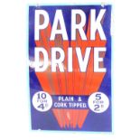 A Park Drive enamel sign, with a turquoise border on a royal blue and red and white ground, 92cm x 6