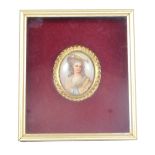A framed porcelain portrait miniature, of a female with grey flowing hair in a yellow and rose detai