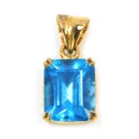 A blue zircon rectangular pendant, the square cut stone in double four claw setting, in a raised yel