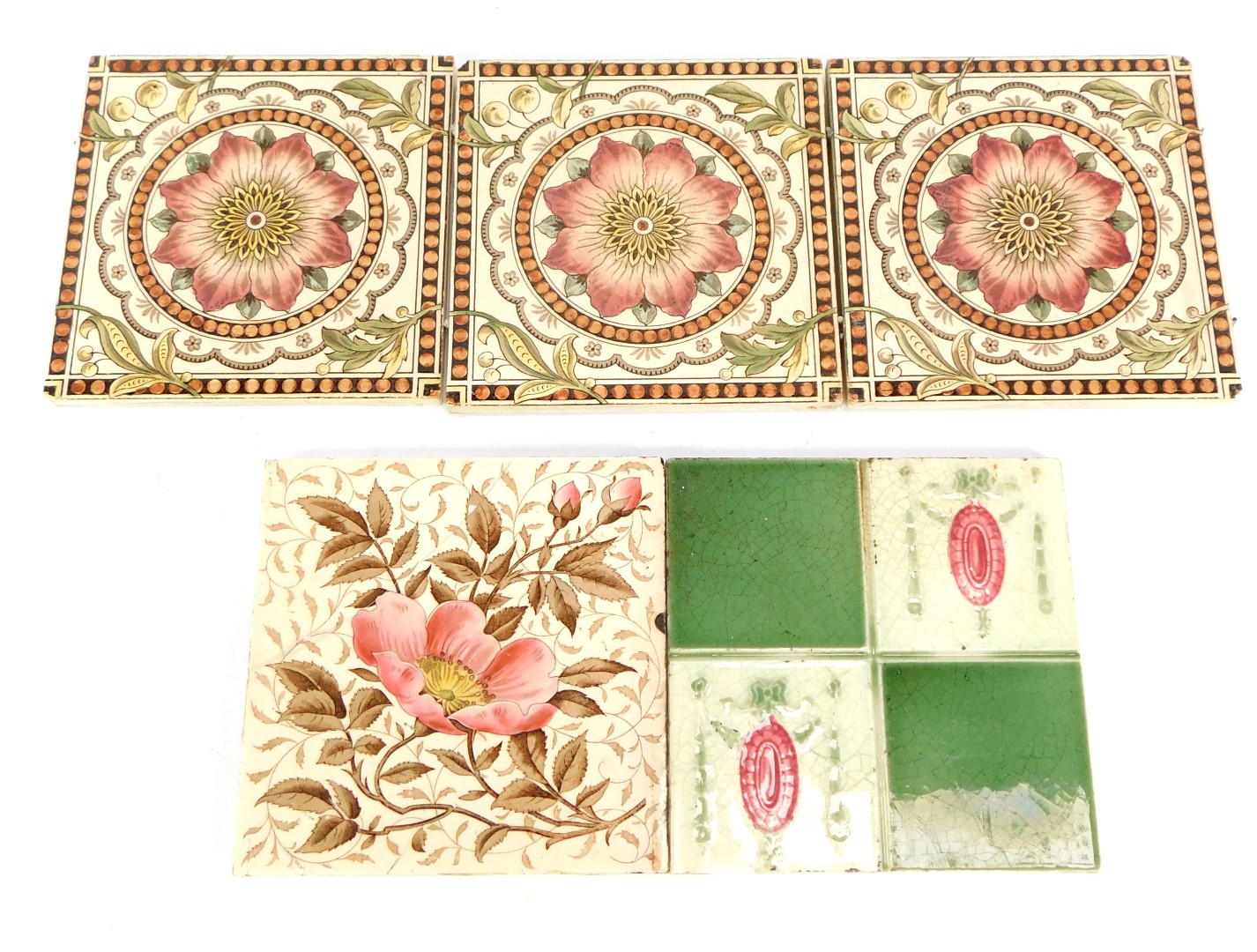 Three late 19thC pottery hearth tiles, Minton style, No F5RDN163780, florally decorated, 15cm wide,