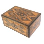 A late 20thC parquetry inlaid jewellery box, the diamond top with outer banding, and tray inset, wit