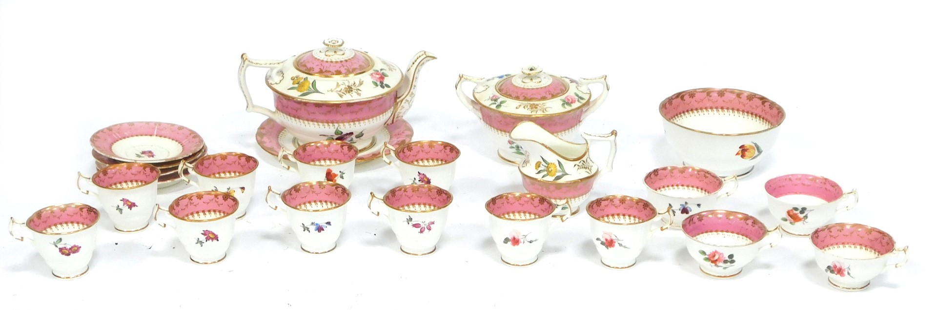 A 19thC porcelain part tea and dinner service, comprising cups and saucers, two serving tureens, din