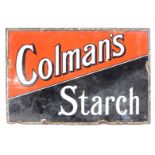 A Colmans Starch metal and enamel sign, on a red and black ground with white writing, 41cm x 63cm.