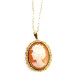A 9ct gold pendant and chain, the cameo set with quarter profile of a female in a 9ct gold frame on