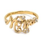 A Mum dress ring, bearing the inscription Mum, with hearts and flowers, set with tiny white stones,